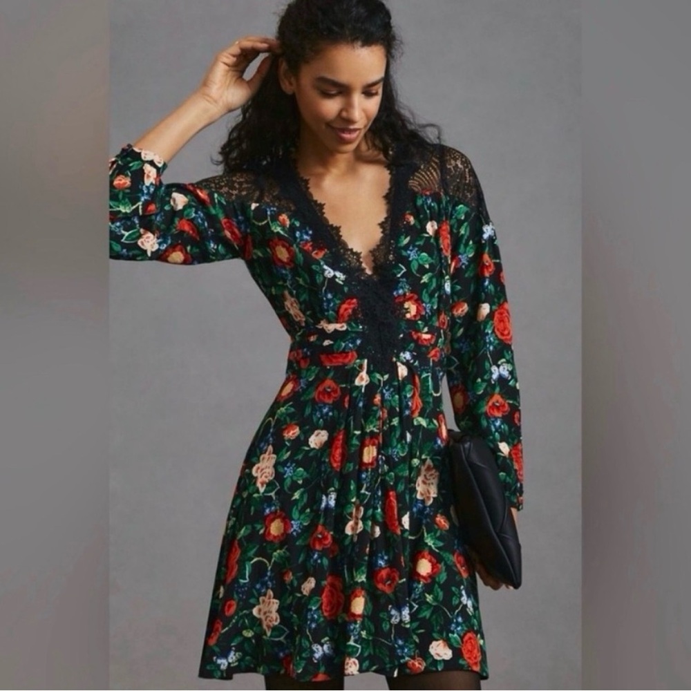 Anthropologie Black Floral Lace Trim V-Neck Mini Dress Print - Size 2 -NWT